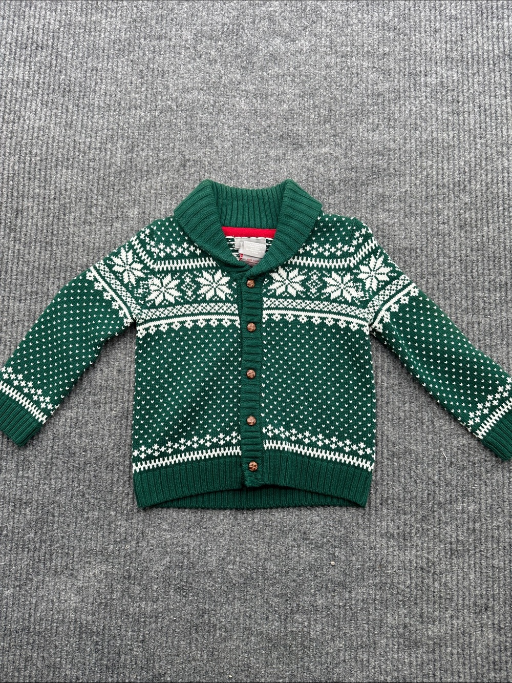 Tahari Green and White Fair Isle Shawl Collar Cardigan